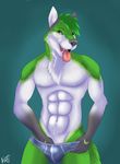  2016 5_fingers abs anthro black_fur black_nose blue_background bulge canine cinta clothing eyebrows fur gloves_(marking) green_eyes green_fur green_hair hair hand_in_underwear looking_at_viewer male mammal markings muscular sharp_teeth simple_background solo standing teasing teeth tight_underwear tongue tongue_out underwear white_fur wolf 