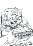  2017 5_fingers anthro black_and_white black_eyes black_nose blush burger bust_portrait canine dog dripping eating fangs food fur hair hairclip head_tuft hi_res holding_food holding_object humanoid_hands humor kemono leaning line_art mammal meme monochrome open_mouth pigtails portrait raised_eyebrows reaction_image ryonggay sharp_teeth short_hair silly_face simple_background sitting snout teeth tongue traditional_media_(artwork) white_background white_fur white_hair wide_eyed 
