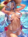  aa_megami-sama armlet armpits arms_up bangle bangs beach bikini bracelet breasts commentary_request curvy dark_skin day facial_mark flower forehead_mark gtunver hat highres jewelry large_breasts lips long_hair looking_at_viewer multi-strapped_bikini naughty_face navel outdoors parted_bangs parted_lips purple_eyes revision shiny shiny_skin signature silver_hair smile solo standing strap_gap straw_hat string_bikini sun_hat swimsuit urd very_long_hair wading white_bikini wide_hips 