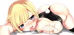  ass back black_legwear blonde_hair blue_eyes blush bunnysuit fafas68 highres licking looking_at_viewer mole mole_under_eye original smile solo thighhighs tongue tongue_out 