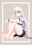  1girl ahoge bare_shoulders barefoot feet grey_hair long_hair midriff purple_eyes short_shorts shorts smile soles toes zero_(zero_kara_hajimeru_mahou_no_sho) zero_kara_hajimeru_mahou_no_sho 