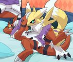  2017 anthro asphyxiation bed blitzdrachin choking claws digimon dragon feral guilmon invalid_tag lying male paws renamon scalie spread_legs spreading 