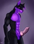  5_fingers abs animal_genitalia animal_penis anthro balls big_penis black_fur black_hair canine canine_penis cinta erection eyebrows fist fur hair knot looking_up male mammal muscular penis pink_penis purple_fur purple_hair purple_nose red_eyes solo standing wolf 