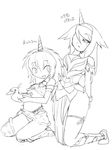  2girls armor camel_(dansen) fake_horns female kirin_(armor) kneeling midriff monochrome monster_hunter multiple_girls 