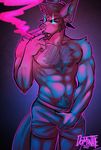  anthro beard body_hair bulge canine chest_hair cigar clothed clothing dominate_(artist) facial_hair glowing glowing_eyes male mammal muscular pubes solo 