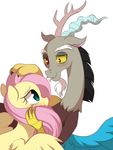  2017 antlers black_hair blue_feathers blush discord_(mlp) draconequus duo equine eye_contact eyelashes fangs feathered_wings feathers female feral fluttershy_(mlp) friendship_is_magic hair hand_on_head hi_res horn long_hair male mammal momomistress my_little_pony pegasus pink_hair red_eyes simple_background smile teal_eyes white_background wings yellow_feathers yellow_sclera 