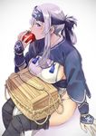  ainu_clothes black_legwear blue_eyes breasts commentary_request crate eating folded_ponytail food hair_between_eyes headband highres holding holding_food kamoi_(kantai_collection) kantai_collection large_breasts long_hair nathaniel_pennel sitting solo thighhighs tomato white_background white_hair 