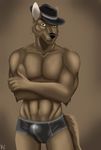  2016 5_fingers anthro black_nose brown_background bulge canine cinta clothing crossed_arms eyebrows fedora hat looking_at_viewer male mammal muscular simple_background smile smirk solo standing tight_underwear underwear wolf yellow_eyes 