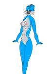  2017 anthro anthrofied areola avian beak big_breasts blue_eyes blue_feathers breasts digital_media_(artwork) feathers female fyoxi fyoxiarts hi_res looking_at_viewer navel nipples nude pussy simple_background smile solo standing white_feathers 
