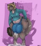  anthro araidian blush bulge clothing cum_through_clothing daxxcat feline hyper hyper_bulge looking_at_viewer male mammal penis_outline smile solo standing tight_clothing 