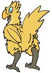  ambiguous_gender animal_genitalia avian bird blue_eyes chocobo cloaca feathers final_fantasy open_mouth open_smile rear_view simple_background smile solo square_enix trout_(artist) video_games white_background yellow_feathers 