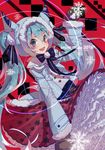  2018 animal_hood blue_bow blue_eyes blue_hair blue_ribbon blush bow cat_hood character_name coat fangs hair_through_headwear hatsune_miku highres hood hood_up long_hair long_sleeves mittens open_mouth ribbon smile snowflake_print snowflakes solo twintails vocaloid yuki_miku zhibuji_loom 