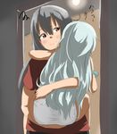  blush carrying commentary_request gangut_(kantai_collection) grey_hair hibiki_(kantai_collection) highres hug indoors kantai_collection long_hair multiple_girls orange_eyes panties red_shirt remodel_(kantai_collection) shirt silver_hair sleepy smile tama_(seiga46239239) underwear verniy_(kantai_collection) 