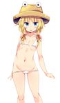  :p ass_visible_through_thighs bangs bare_arms bare_legs bikini bikini_pull blonde_hair blue_eyes blush collarbone contrapposto eyebrows_visible_through_hair flat_chest hair_ribbon hat highres looking_at_viewer lowleg lowleg_bikini maturiuta_sorato micro_bikini moriya_suwako navel pulled_by_self red_ribbon ribbon short_hair_with_long_locks simple_background solo standing stomach string_bikini swimsuit tongue tongue_out touhou tress_ribbon white_background white_bikini 