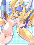  arms_up blazblue blonde_hair blue_eyes covered_navel dual_wielding gun highres holding long_hair one-piece_swimsuit open_mouth perorisu platinum_the_trinity quad_tails school_swimsuit smile solo swimsuit very_long_hair weapon white_school_swimsuit white_swimsuit 