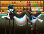 2016 alcohol anthro arm_support bar belly beverage big_belly black_fur black_hair black_nose blue_fur blue_hair blue_nose blue_tongue canine claws fangs fur glass green_eyes hair ifus leaning_on_elbow leo_(thetwfz) looking_at_viewer mammal multicolored_fur multicolored_hair multicolored_nose nude overweight smile stool teeth white_fur wolf 