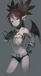  absurdres bat_wings belt choker cowboy_shot demon_girl demon_wings disgaea earrings etna flat_chest gloves hand_on_hip hand_on_own_chest highres jewelry looking_at_viewer makai_senki_disgaea mini_wings navel pointy_ears red_eyes red_hair short_shorts short_twintails shorts simple_background skull skull_earrings smile solo twintails uni_ponsuka wings 