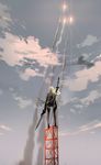  amei_zhao back cloud elbow_gloves gloves holding holding_sword holding_weapon lens_flare long_hair miniskirt nier_(series) nier_automata skirt sky smoke_trail solo standing sword thighhighs weapon white_hair yorha_type_a_no._2 