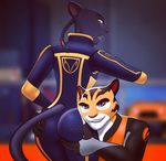  anthro braided_hair breasts butt butt_grab cat clothing duo feline female glue_studios green_eyes group hair hand_on_butt hi_res looking_at_viewer looking_back male mammal metalslayer panther rimba_racer smile tag_(rimba_racer) tamira_(rimba_racer) tiger uniform 