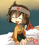  ^_^ ^o^ admiral_(kantai_collection) artist_name brown_hair chibi closed_eyes commentary_request green_hakama hair_between_eyes hakama headband highres hiryuu_(kantai_collection) japanese_clothes kantai_collection kimono minigirl one_side_up open_mouth orange_kimono remodel_(kantai_collection) short_hair smile solo_focus taisa_(kari) wide_sleeves 