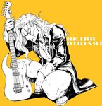  aikawa_taro character_name coat diamond_wa_kudakenai electric_guitar full_body guitar instrument jojo_no_kimyou_na_bouken long_hair male_focus monochrome otoishi_akira profile scar scar_across_eye solo squatting whammy_bar yellow_background 