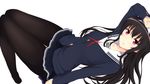  :o arm_at_side arm_up bangs black_hair black_jacket black_legwear blazer blue_skirt blush boots buttons collarbone eyebrows_visible_through_hair hairband hand_on_own_head jacket jampen kasumigaoka_utaha legs long_hair long_sleeves looking_at_viewer looking_back looking_to_the_side lying miniskirt no_shoes on_back pantyhose parted_lips pink_eyes pleated_skirt saenai_heroine_no_sodatekata simple_background skirt solo thigh_boots thigh_gap thighhighs white_background white_hairband 