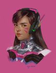  artist_name bodysuit brown_eyes brown_hair closed_eyes commentary d.va_(overwatch) facepaint facial_mark headset light_smile lips long_hair looking_at_viewer miguel_mercado nose overwatch pink_background portrait red_lips simple_background solo whisker_markings 