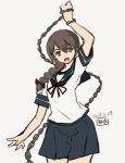  arm_up blue_sailor_collar blue_skirt braid brown_eyes brown_hair brown_neckwear brown_ribbon chain commentary_request dated hair_between_eyes hair_ribbon kantai_collection long_hair looking_at_viewer masamori_ikemo neckerchief open_mouth pleated_skirt ribbon sailor_collar school_uniform serafuku short_sleeves signature simple_background single_braid skirt smile solo traditional_media uranami_(kantai_collection) white_background 