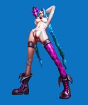  1girl absurdres anus blue_hair boots breasts clitoris highres jinx_(league_of_legends) league_of_legends leg_up lipstick makeup nude pussy red_eyes riot_games sketch solo spread_legs standing_on_both_legs two_braids uncensored vaginal ynwswy 