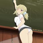  10s 1girl ass blonde_hair border breast_press breasts chalkboard classroom classroom_eraser kafuru_(senran_kagura) large_breasts one_eye_closed panties pantyshot senran_kagura short_sleeves skirt_lift solo twintails wardrobe_malfunction 