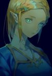  bangs black_background blonde_hair braid bright_pupils green_eyes hair_ornament hairclip looking_at_viewer parted_bangs parted_lips pointy_ears princess_zelda solo the_legend_of_zelda the_legend_of_zelda:_breath_of_the_wild white_pupils yamakawa 