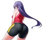  ass bangs bare_shoulders bike_shorts black_shorts blunt_bangs body_blush breasts cowboy_shot from_behind from_below hizuki_akira legs_apart long_hair looking_back looking_down natsume_(pokemon) pokemon pokemon_(game) pokemon_rgby profile purple_hair red_eyes shiny shiny_hair shorts sleeveless small_breasts solo standing tank_top tsurime very_long_hair 