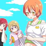  black_shirt blush bottle cloud cloudy_sky commentary_request day holding holding_bottle holding_towel hood hood_down hoshizora_rin itsuki_kuro jitome koizumi_hanayo light_brown_hair love_live! love_live!_school_idol_project midriff multiple_girls navel nishikino_maki open_mouth orange_hair outline purple_eyes red_hair shirt shirt_lift short_hair short_sleeves sky staring sweat tank_top towel upper_body white_outline white_shirt yellow_eyes 