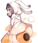  &gt;_&lt; animal_ears animal_hood ass bare_legs barefoot blush bunny_hood carrot child closed_eyes commentary_request eyebrows_visible_through_hair fake_animal_ears from_behind hood hood_up hoodie kurasuke long_sleeves looking_back no_pants no_pupils open_mouth orange_panties original panties purple_eyes purple_hair sitting soles solo stuffed_toy underwear white_hoodie 