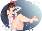 1girl a.i._channel barefoot blush brown_hair elbow_gloves feet feet_up green_eyes headdress highlights kizuna_ai long_hair looking_at_viewer pantyshot parted_lips sitting soles toes 