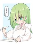  absurdres alternate_breast_size bad_id bad_pixiv_id border breast_rest breasts buttons commentary green_eyes green_hair highres holding holding_pen inconvenient_breasts komeiji_koishi large_breasts long_hair long_sleeves pen sakakiba_misogi shirt solo speech_bubble touhou translated white_border white_shirt 