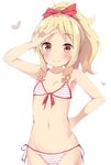  bare_shoulders bikini blonde_hair blush bow breasts brown_eyes eromanga_sensei groin hair_bow heart looking_at_viewer navel ponpon_(tosico) ponytail salute side-tie_bikini simple_background small_breasts solo striped striped_bikini swimsuit two-finger_salute underboob v white_background yamada_elf 