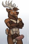  2017 3_fingers abs anthro antlers balls biceps biped blue_eyes body_hair brown_fur brown_hair brown_tail bulge cervine chest_hair countershade_tail countershade_torso countershading crossed_arms damian_(piercingnightfall) digital_media_(artwork) elk erection eyebrows front_view fur grey_horn hair hi_res hooved_fingers horn humanoid_penis looking_at_viewer male mammal multicolored_fur multicolored_tail muscular muscular_male nude penis pink_penis portrait pubes signature smile smirk snout solo standing tan_balls tan_countershading tan_fur tan_tail three-quarter_portrait tsaiwolf two_tone_fur two_tone_tail uncut 