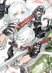  blue_eyes bow commentary covered_eyes fingerless_gloves floral_background flower fujinohara_akihira gloves green_skirt hair_bow holding holding_sword holding_weapon katana konpaku_youmu konpaku_youmu_(ghost) multiple_girls short_hair short_sleeves skirt sword teeth_hold touhou weapon white_hair 