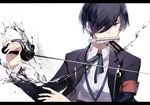  armband black_hair black_jacket black_ribbon blue_eyes dress_shirt eco_(mamenoki) gun_in_mouth hair_over_one_eye holding holding_sword holding_weapon jacket male_focus mouth_hold neck_ribbon open_clothes open_jacket persona persona_3 rapier ribbon shirt simple_background solo sword upper_body weapon white_background white_shirt yuuki_makoto 