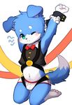  4_fingers 4_toes anthro blue_eyes blue_fur bow_tie briefs bulge canine clothing cub dog fur kneeling male mammal mintea navel simple_background solo stretching suspenders toes underwear vest white_fur young 