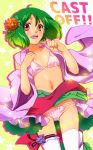  ahoge ass_visible_through_thighs bikini bikini_under_clothes breasts cero_(cerocero) green_hair hair_ornament looking_at_viewer macross macross_frontier midriff navel open_clothes open_mouth partially_undressed pink_bikini ranka_lee red_eyes short_hair side-tie_bikini small_breasts smile solo swimsuit thighhighs 