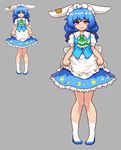  alternate_costume animal_ears apron ascot bangs blue_footwear blue_hair bunny_ears closed_mouth crescent crescent_print enmaided eyebrows_visible_through_hair frills full_body grey_background knees_together_feet_apart long_hair maid maid_headdress multiple_views orange_eyes pixel_art puffy_short_sleeves puffy_sleeves seiran_(touhou) shoes short_sleeves simple_background socks standing star star_print takorin tears touhou wavy_mouth white_apron white_legwear 