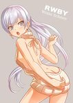  apron butt_crack kaogei_moai long_hair looking_at_viewer meme_attire naked_sweater no_bra no_panties ponytail rwby scar scar_across_eye simple_background solo sweater virgin_killer_sweater weiss_schnee white_hair 