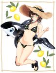  absurdres bangs bare_arms bare_legs bare_shoulders bikini black_bikini blush border bow breasts brown_hair brown_hat cleavage closed_mouth collarbone commentary_request food fruit green_eyes halterneck hat hat_bow highres holding inflatable_dolphin inflatable_toy jumping knees_together_feet_apart leaf lemon_print looking_at_viewer medium_breasts nail_polish navel original sandals short_hair simple_background smile solo stomach straw_hat swept_bangs swimsuit tareme umeno wavy_hair white_background yellow_nails 