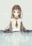  bangs brown_hair dress flower gomzi green_eyes holding holding_flower long_hair looking_at_viewer original partially_submerged revision see-through smelling_flower solo summer sundress 