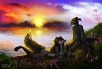  anthro avian better_version_at_source bird canine corvid crow digital_media_(artwork) duo fuzzymaro mammal outside romantic_couple sea sunset water wolf 