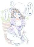  :o blonde_hair blue_eyes bow breasts cleavage commentary dress hands_clasped hat large_breasts looking_to_the_side maribel_hearn mitsumoto_jouji own_hands_together plump purple_dress sitting solo touhou translated wavy_hair 