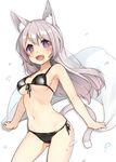  1girl 3.14 :d animal_ears ass_visible_through_thighs bikini black_bikini breasts cat_ears cat_tail contrapposto cowboy_shot eyebrows_visible_through_hair front-tie_bikini front-tie_top girls_frontline grey_hair long_hair looking_at_viewer medium_breasts navel open_mouth p7_(girls_frontline) purple_eyes shiny shiny_skin side-tie_bikini simple_background sketch smile solo standing strap_gap swimsuit symbol-shaped_pupils tail towel underboob white_background 