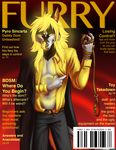  anthro black_fur blonde_hair canine claws clothing collar cover english_text father fire folly856 fox front_view fur glowing grey_fur hair leash licking looking_at_viewer magazine male mammal markings naughty_face parent pyro_sincarta red_background sharp_claws simple_background solo suit text tongue tongue_out tuxedo yellow_eyes 